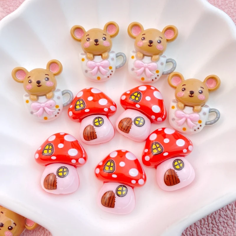 10Pcs New Cute Cartoon Mushrooms, Mice, Rabbits, Teapots Series Flat Back Resin Cabochons Scrapbooking DIY Jewelry Craft Decorat