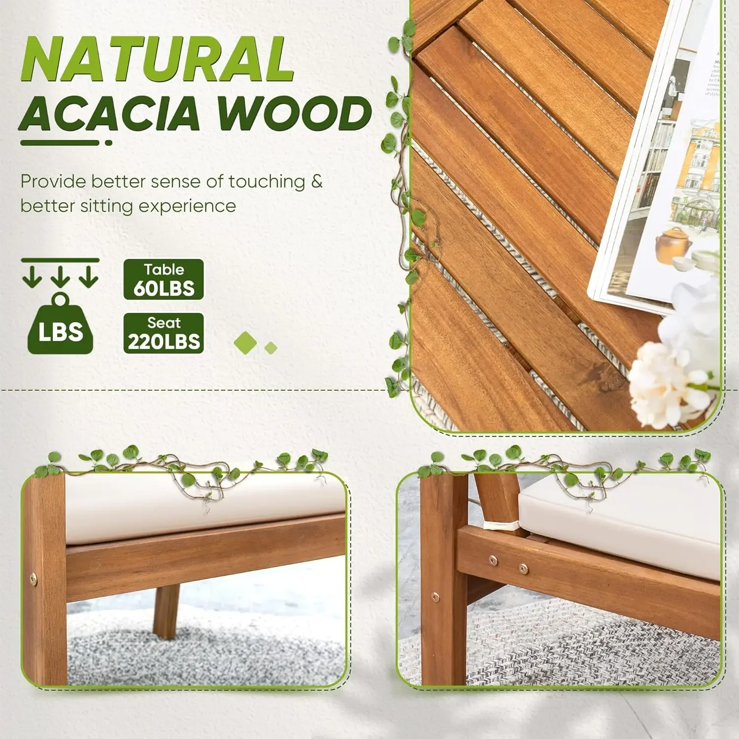 Sillas de patio Muebles de jardín de madera de acacia de 3 piezas con mesa de centro y cojines Juego de conversación al aire libre Sillas de balcón