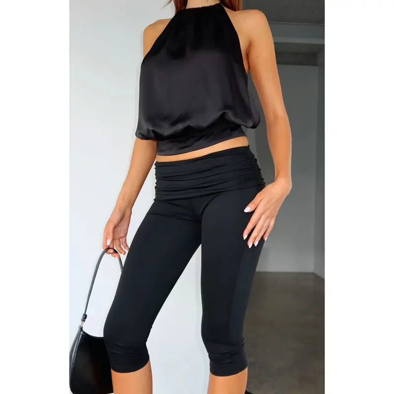 Combhasaki Women Slim Capri Pants Ruched Foldable Elastic Waist 3/4 Length Trousers Solid Color Cropped Leggings Casual Daily