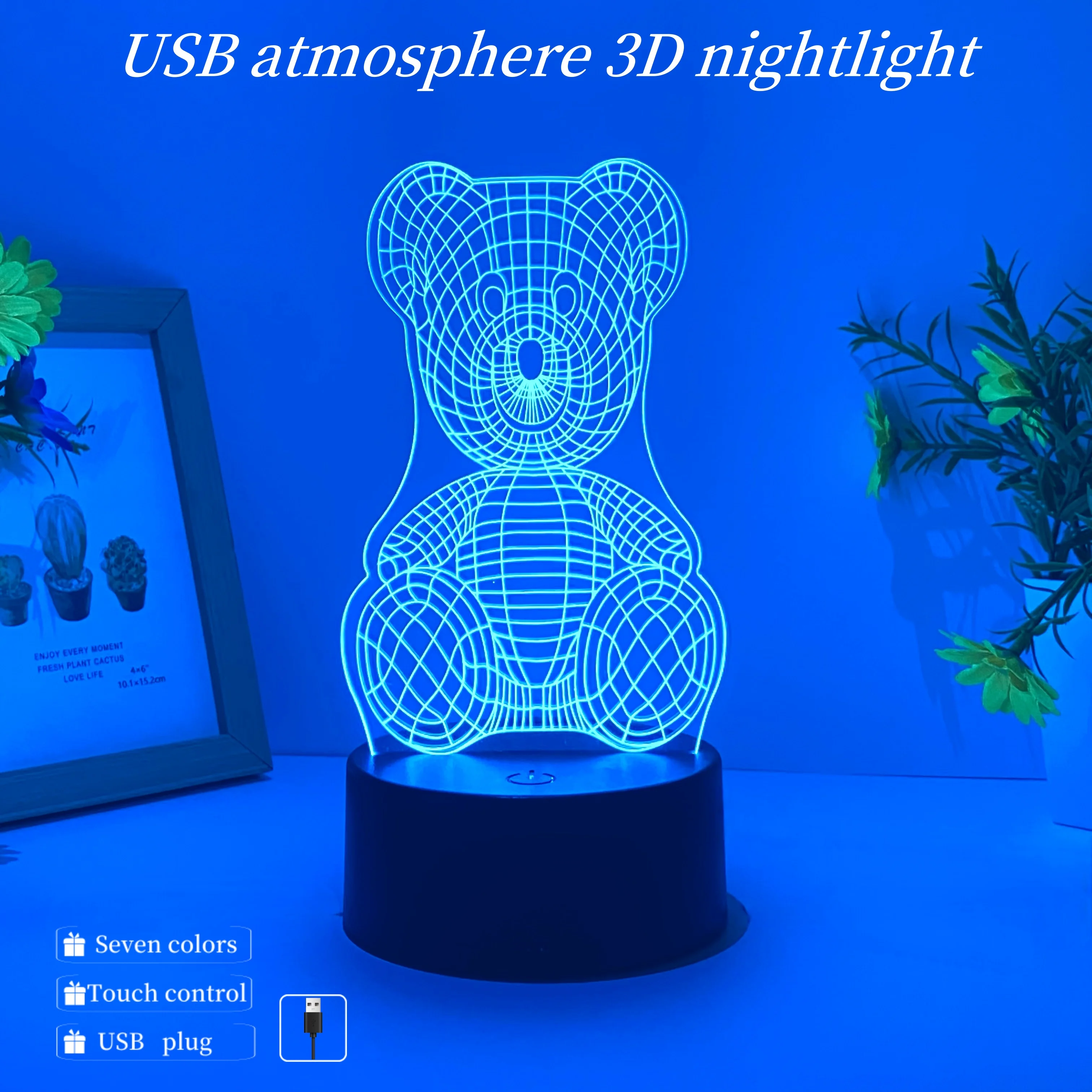 3D Bear Shape Nightlight for Study Bedroom, USB Atmosfera Light, Table Light, Holiday Gift to Friends, 1pc
