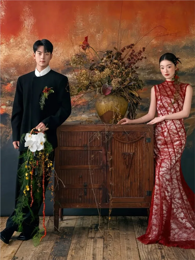 New Chinese-style engagement dress morning gown bride's toasting dignified red backless fishtail