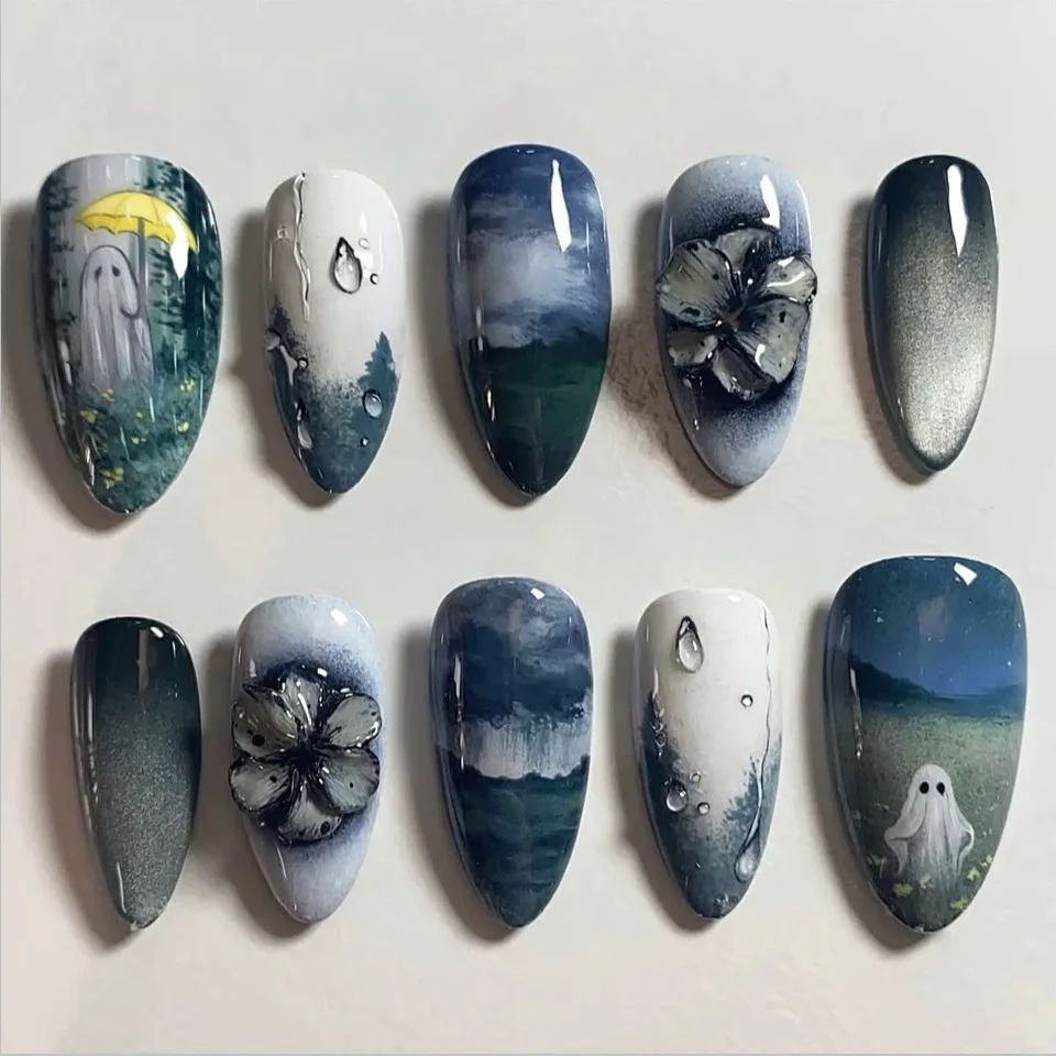 24pcs Dark Forest Ghost With Umbrella Press on Nails 3D Flower Water Drop Fake Nail Almond Cat Eye False Nail for Women&Girl