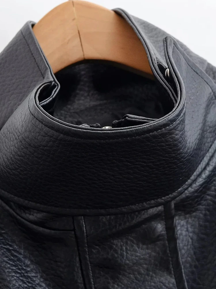 المرأة الشارع الأسود جلد المرأة سترة الوقوف طوق سحاب أكمام طويلة الخصر جيوب مغلقة معطف الإناث سيدة الموضة أبلى #5