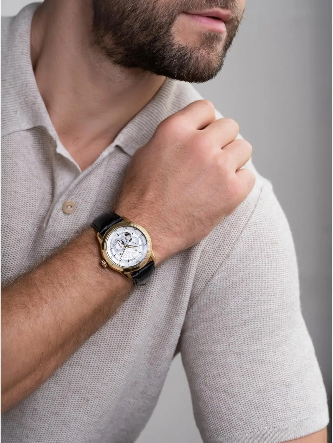 Men's Automatic Watch with 24-Hour Dial, Open Aperture, Self-Winding, Exhibition Back, Luminous Hands, 42mm