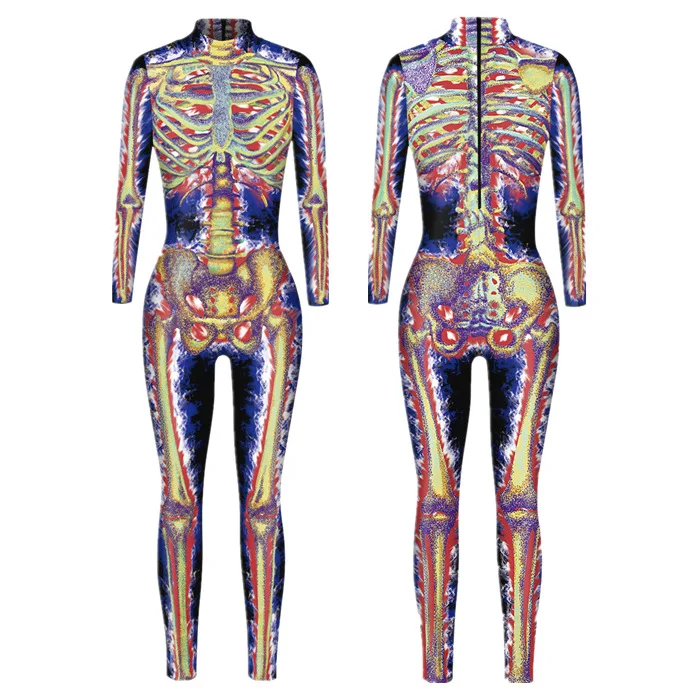 Festtags-Karnevalskostüm Skelett-Bedruckte Bodysuits für Frauen Bunte Halloween-Cosplay-Jumpsuits Zentai-Catsuit – Detail 3