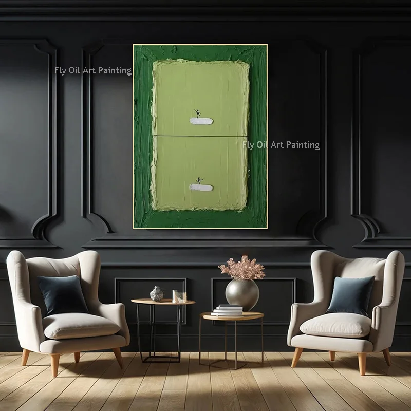 Abstract Fashion Wall Art Hand Drawn Green Golf Course Oil Painting New Green Yellow People Playing Golf Canvas Wall Art Decor