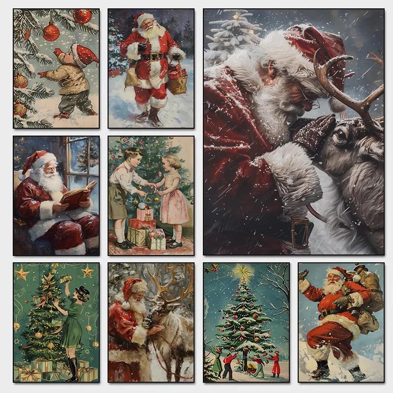 Weihnachten Wandkunst Vintage Weihnachtsmann und Rentier Leinwanddruck Ölgemälde Poster Winter Thema Home Decor für Wohnzimmer