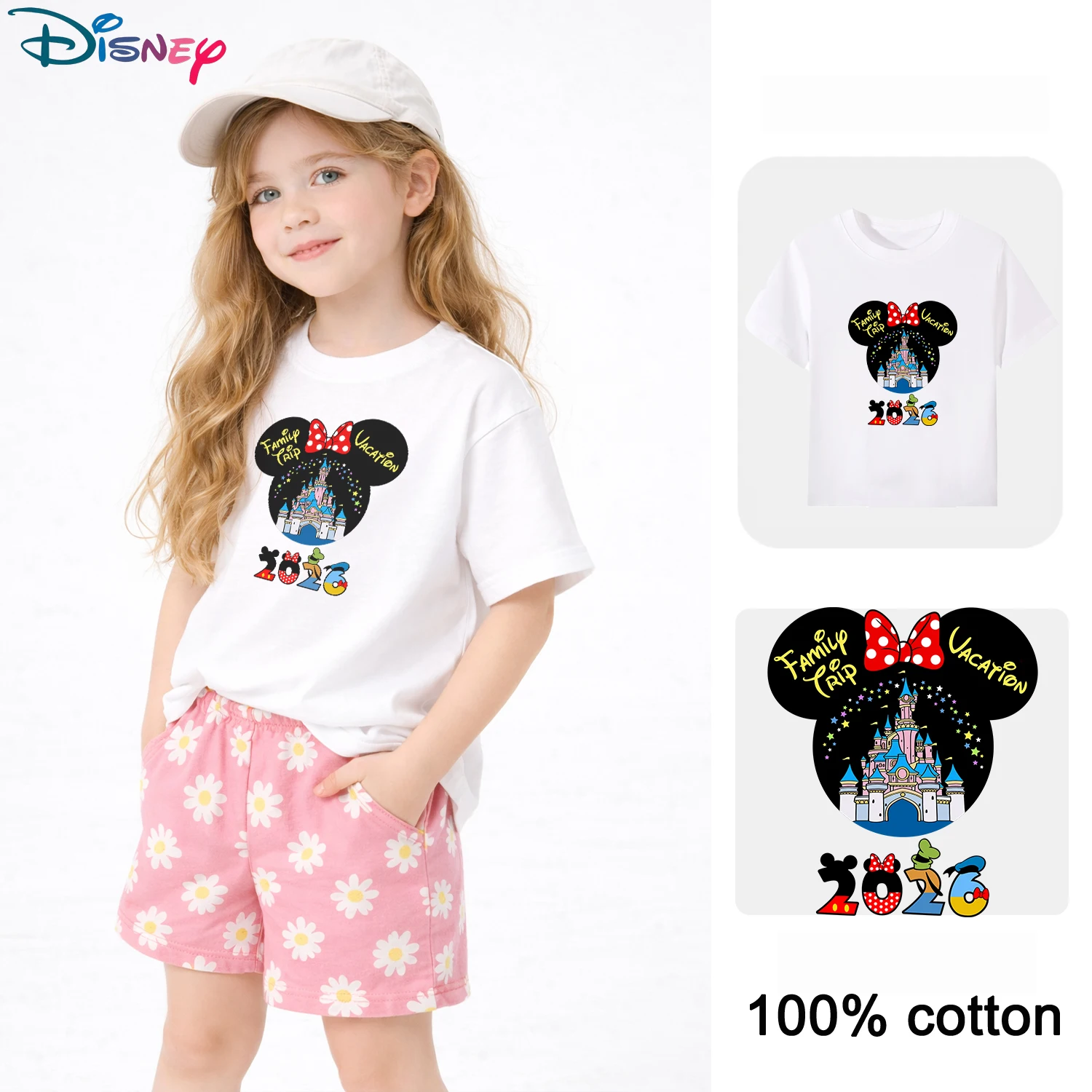 

Детская футболка Disney Minnie Mickey 2026 Family Trip, летняя футболка с короткими рукавами и круглым вырезом из 100% хлопка, черно-белый топ