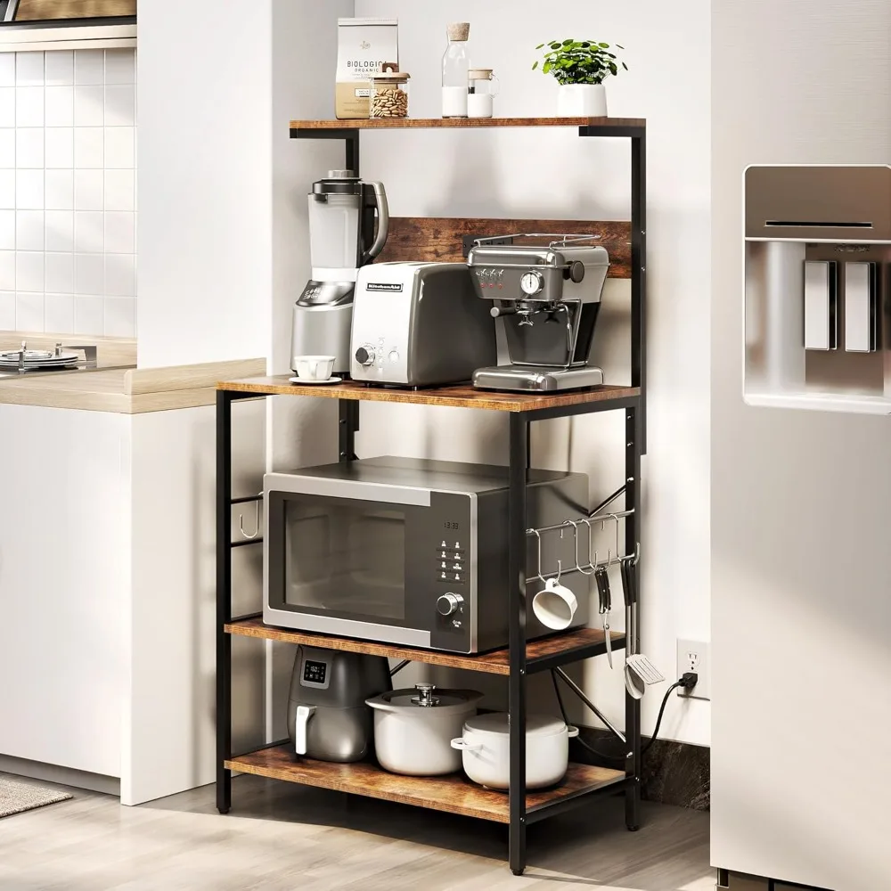 3-Tier Kitchen Storage Shelf with Power Outlet, S-Shaped Hooks, Microwave Stand, Coffee Station Utility