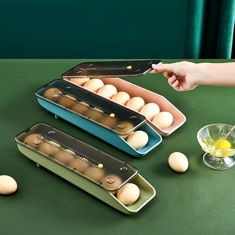 Automatic Rolling Egg Storage Box Plastic Storage Container Kitchen Fridge Storage Organization Eggs Holder Basket Cartons Tray