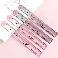 Règle droite Kawaii en forme de patte de chat, 1 pièce, mignonne, transparente, pour étudiant, outils de mesure et de dessin, fournitures scolaires et de bureau