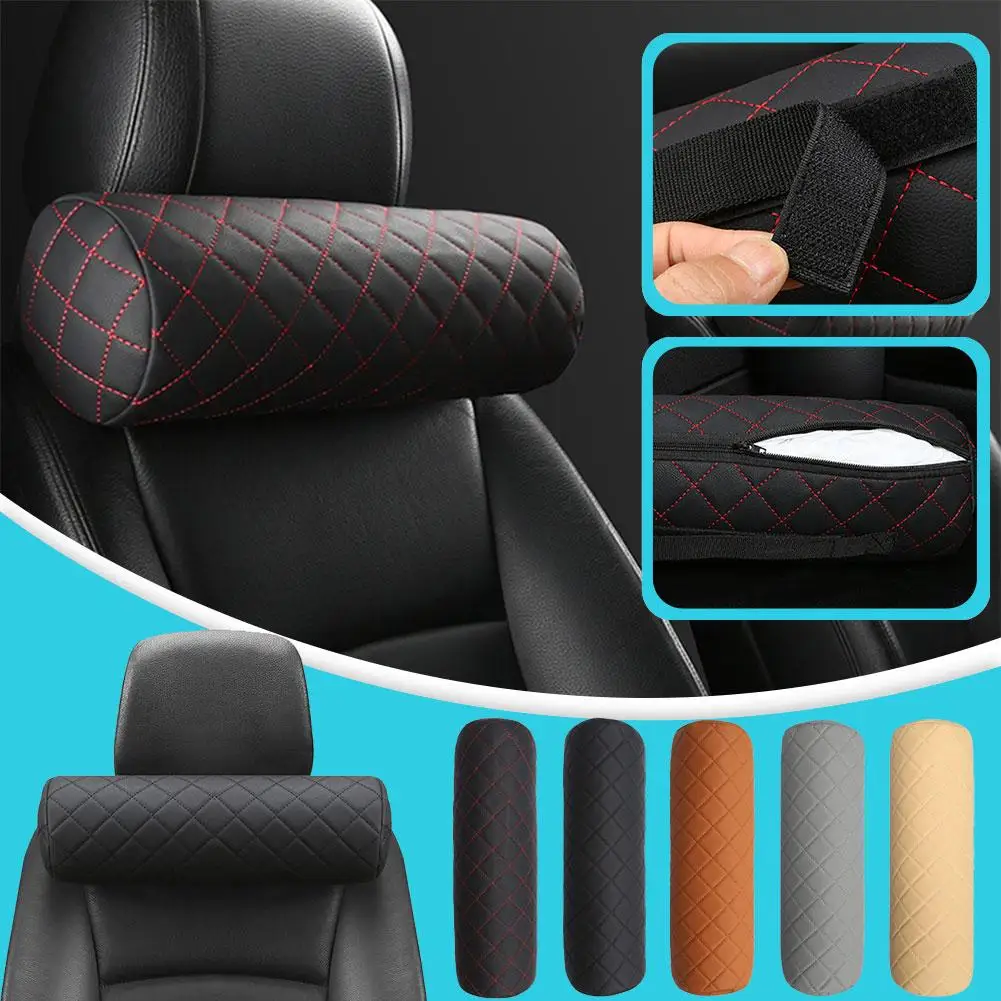 Luxury Car Seat Neck Pillow Headrest Leather Memory Chair Cervical Pillow Breathable Office Headrest Foam Protector Cylindr T3K2