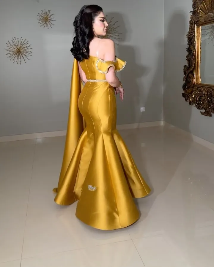 Gold One Shoulder Crystal Prom Dresses Long for Women 2025 Ruffle Bowknot Beaded Mermaid Formal Evening Gowns Customized