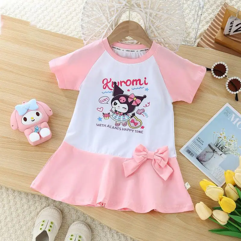 Anime Sanrios Children's Summer Dress Kuromi Girls Cotton Short Sleeve Skirt Cute Pleated Skirt Preppy Style New Kids Clothes