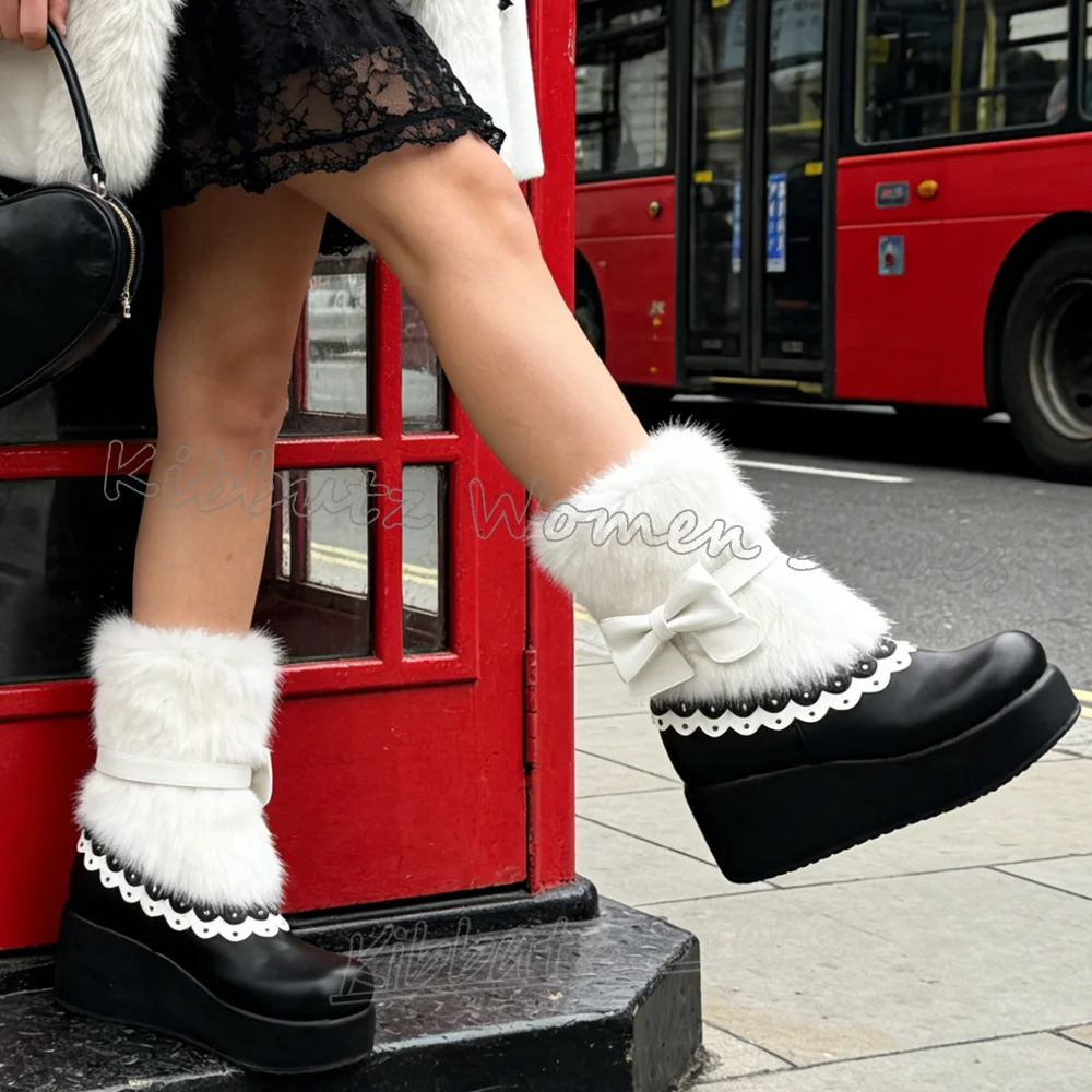 

Furry Bows Patchwork Ankle Boot Platform Round Toe Thick Bottom Slip-On Winter Warm Mixed Color Leather Fashion Novelty Sexy New