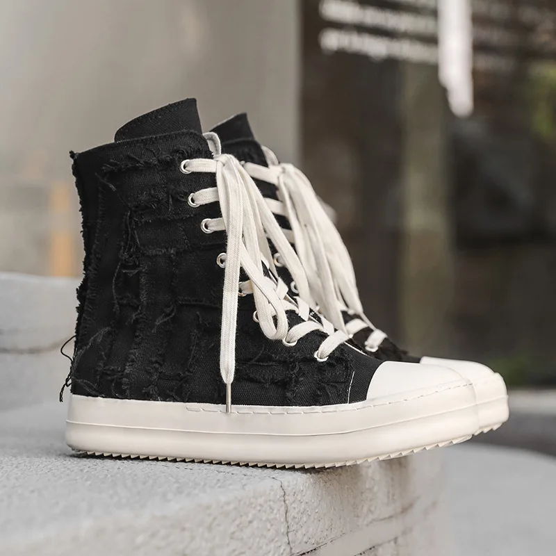 Street Trend Men Canvas Casual Shoes Ripped Upper High Tops Flat Skate Shoes Lace-up Chunky Sneakers