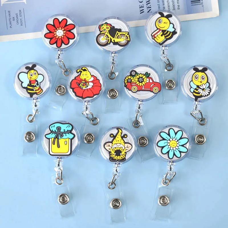 1pcs Cute Bee Flower Retractable Badge Reel Animal Alligator Clip Doctor Nurse Staff ID Card Work Card Badge Holder Accessories