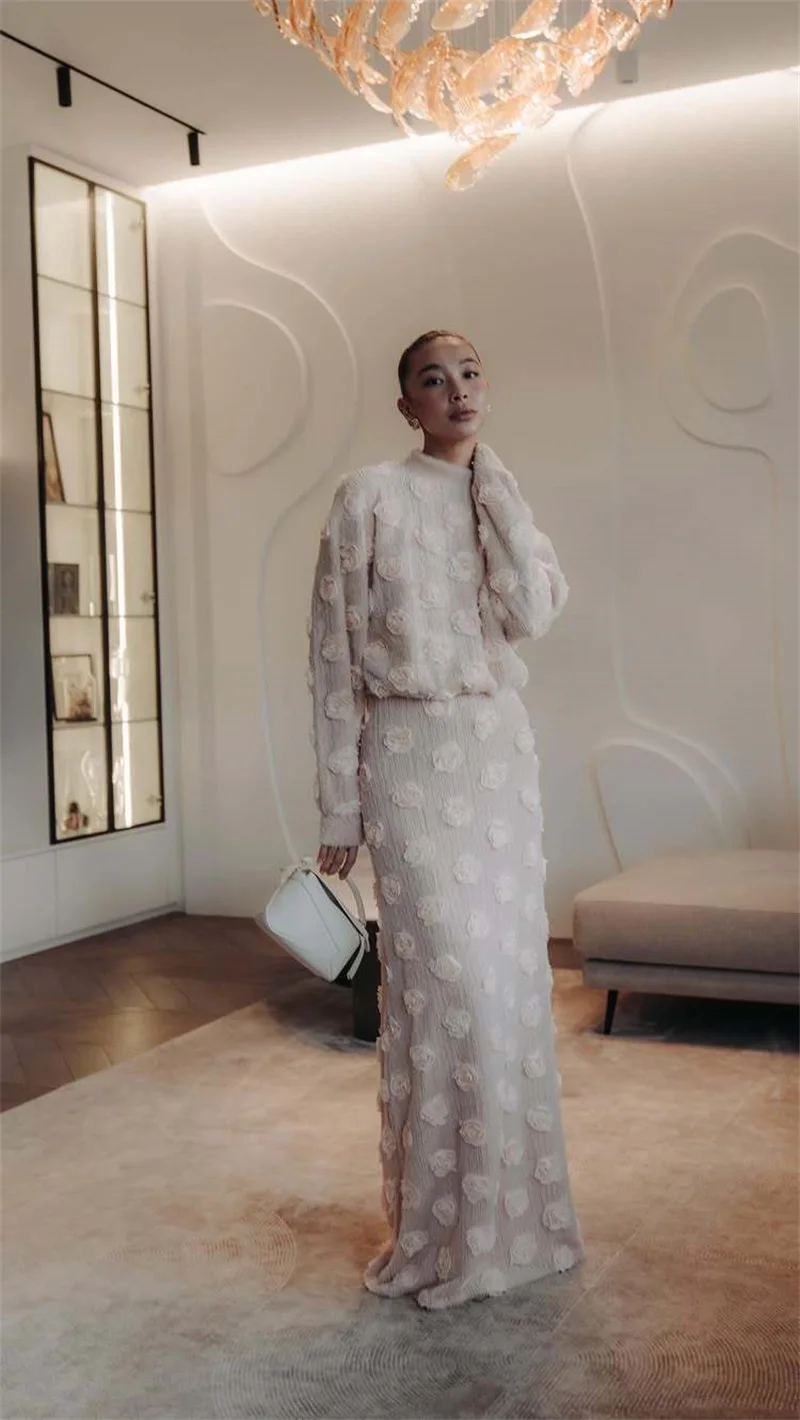 

Knit Prom Dress 2 Pcs Full Sleeves Skirt Set 3D Flower Autumn Winter Formal Wedding Guest Robes Casual Daily Party Bridal Gown