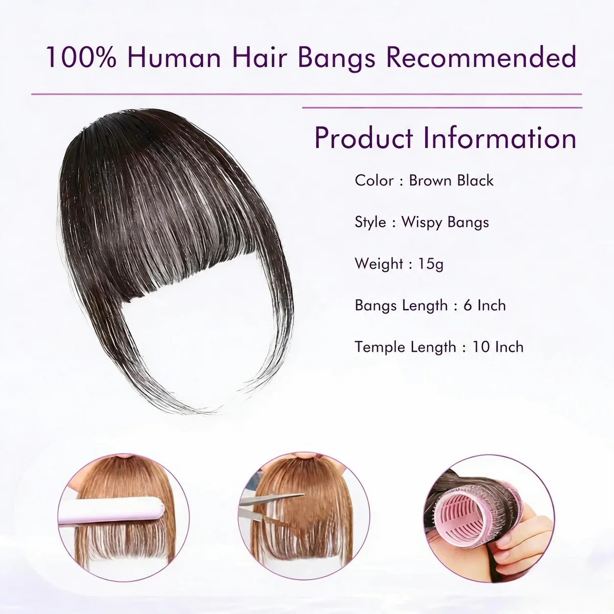 100% Human Hair Clip-In Wispy Bangs with Natural Temple Hair Brown Black Fringe Hairpiece for Women Daily Wear