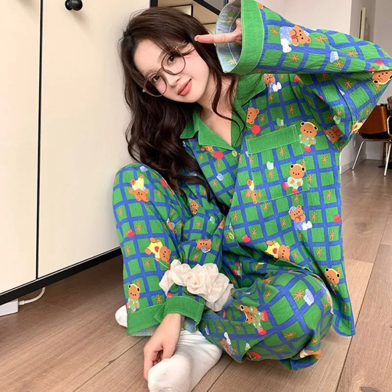 

Осенние зеленые клетчатые милые пижамные комплекты для девочек, одежда для сна с медведем и рисунком, женский домашний комплект одежды для дома, студенческие брюки с длинными рукавами, весна