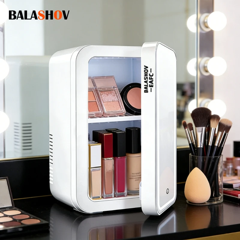 Mini Refrigerador de Maquillaje con Espejo LED de 4L, Refrigerador Portátil para Cosméticos, Calentador y Enfriador, Almacenamiento de Belleza, Uso Dual para Hogar y Auto