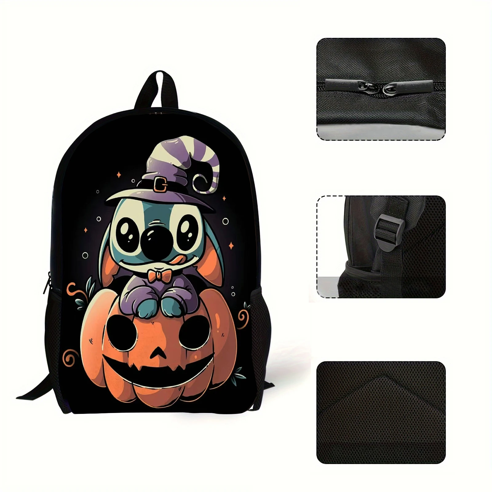 1pc Halloween themed pumpkin Stitch printed backpack with a witch hat and student backpack, suitable for travel, daily commuting