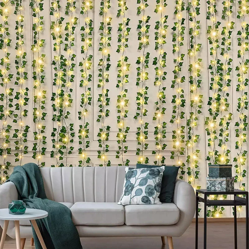 Ghirlanda per albero di Natale Lucine per vite artificiale per diserbo Decorazioni per la casa Fiore Luci a corda con foglie verdi Alimentate a batteria