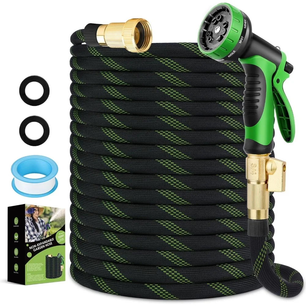 

FlexiSolve Garden Hose 100 ft, Non-Expandable Ultra Lightweight & Flexible Water Hose With 10-Pattern Spray Nozzle, Kink-Free, L