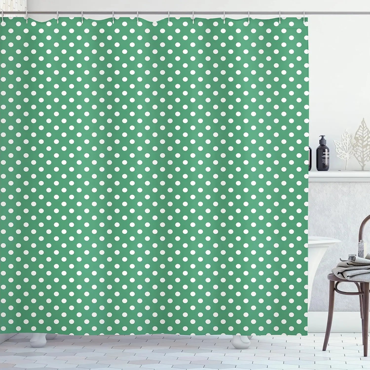 Green Shower Curtain, Old Fashioned Polka Dot Pattern on Green Background Classical Traditional, Cloth Fabric Bathroom Decor