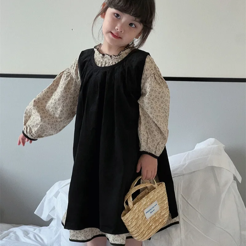 Autumn New Childrens Clothing Korean Girl Corduroy Vest Skirt Dress Simple Fashion 2024 Versatile Sweet Fashion Simple