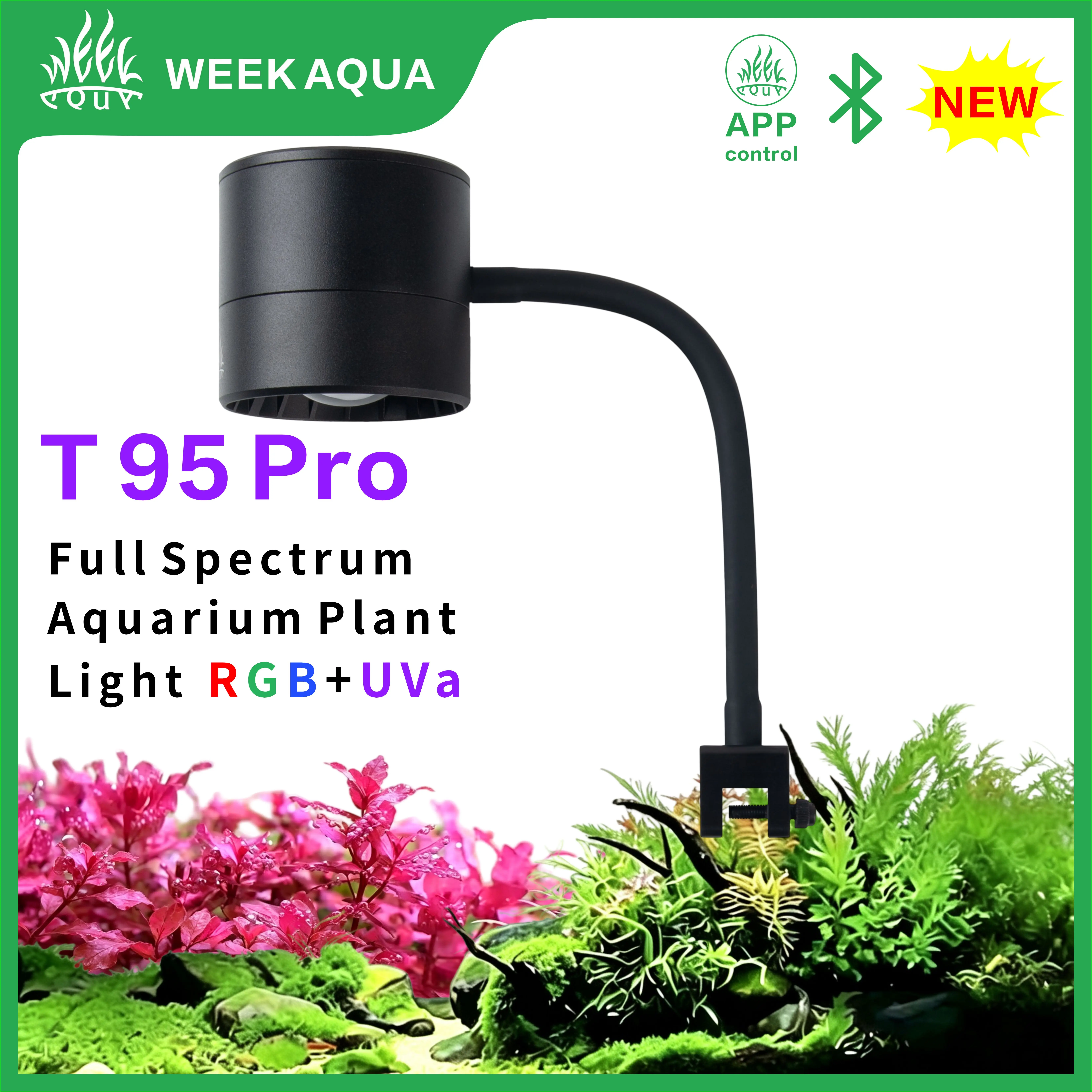 WEEK AQUA Full‑Spectrum RGB+UVA Aquascape Light T95PRO for Planted & Native Stream Tanks, Bluetooth APP Dimming and Timer