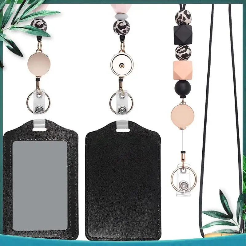 (NEW) Retractable Lanyards For ID Badges And Keychain With PU Leather Holder Teacher Lanyards Breakaway For Women
