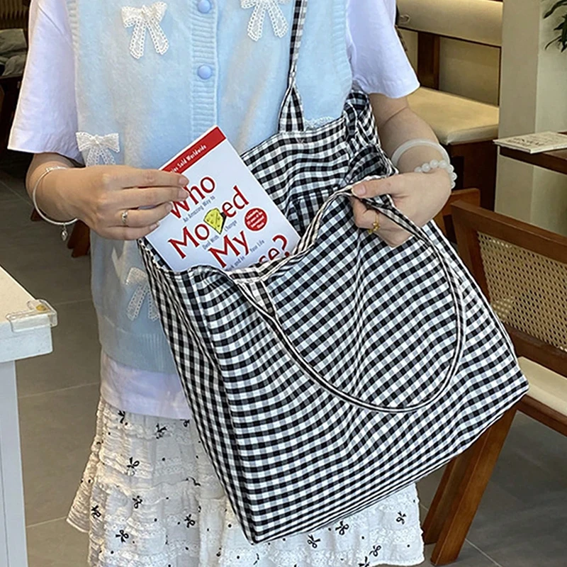 (Custom Embroidery) Women's Tote Bag, Personalized Embroidered Simple Plaid Canvas Bag, Original Niche Versatile Large-Capacity Tote Bag for Commuting, Student Shoulder Bag for Class image 5
