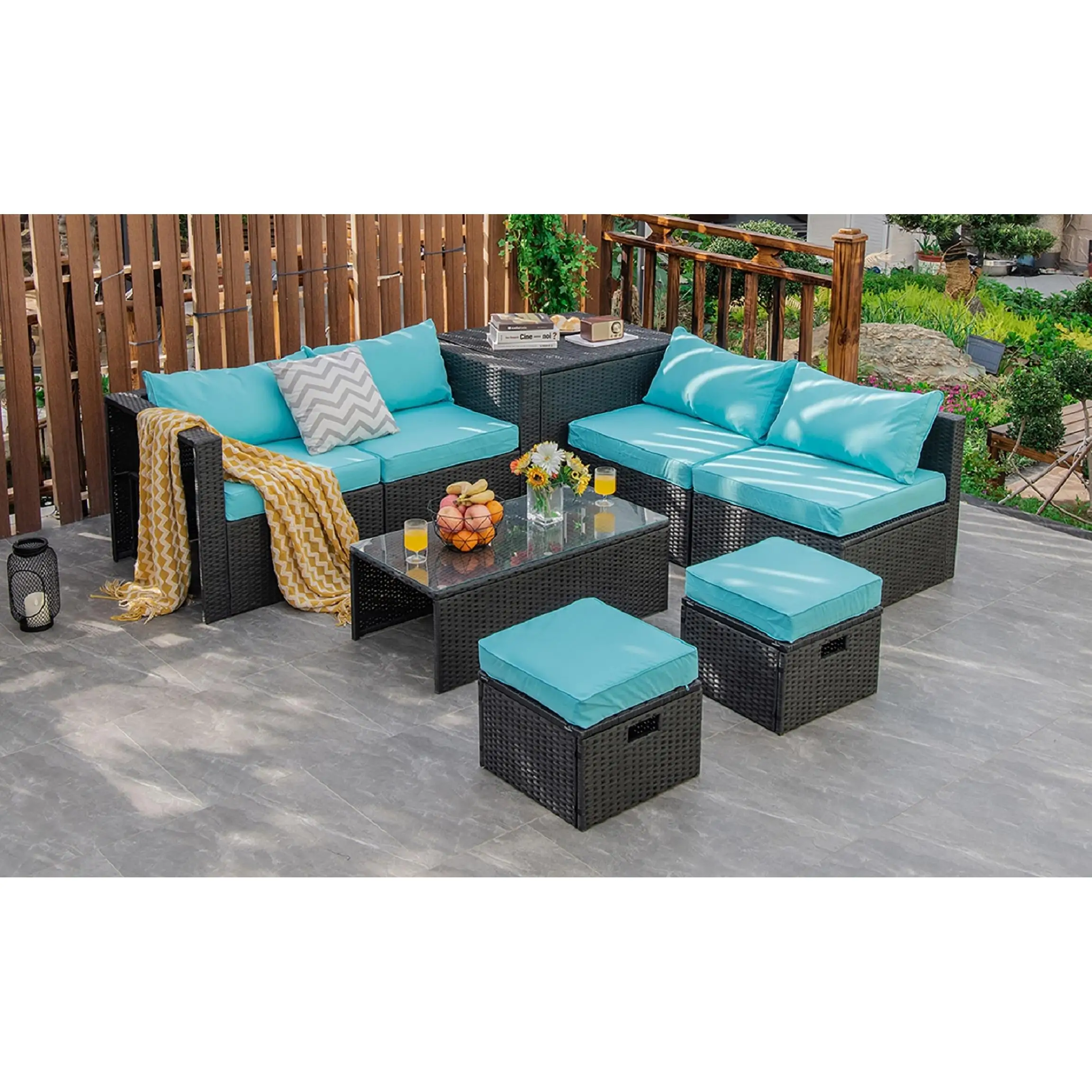 8PCS Patio Rattan Furniture Set Storage Table Ottoman Turquoise cover