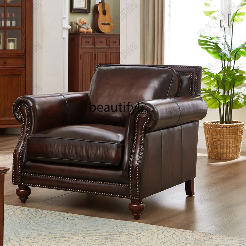 

Modern simple first-layer cowhide leather sofa home living room upholstered furniture simple solid wood