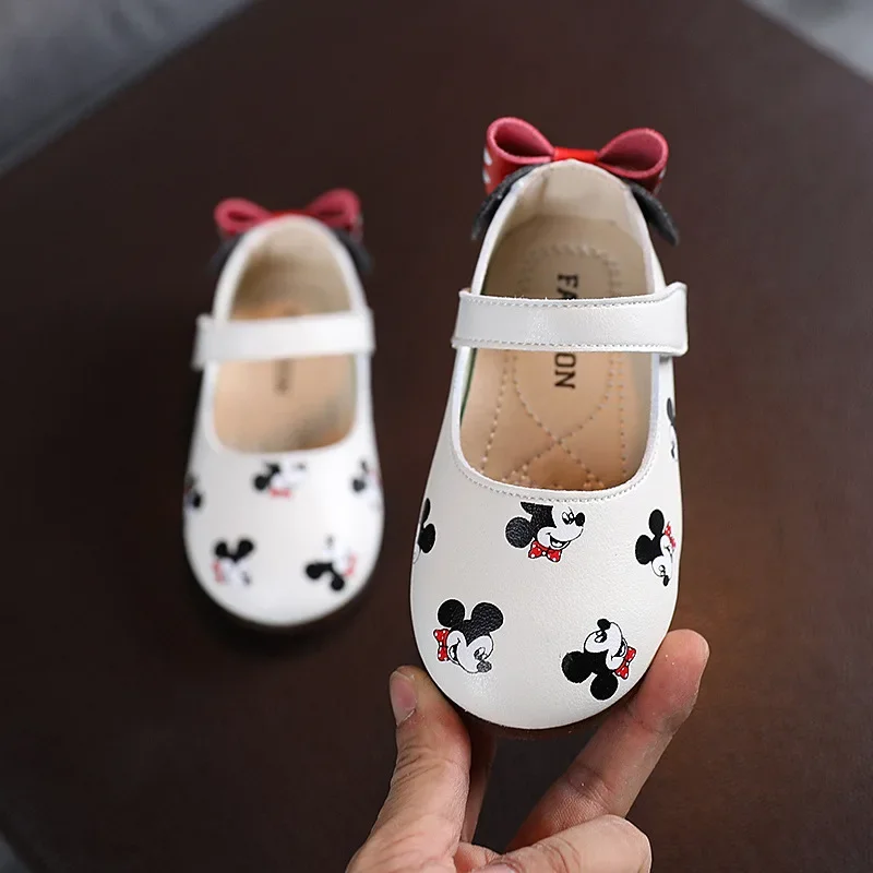 Mickey Princess Children Leather Shoes Girls Cute Bow Flat Flats Soft Bottom Shoes Toddler Girl Shoes Disney Kids Casual Shoes