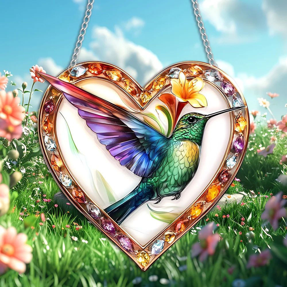 Heart Shape Colorful Hummingbird Suncatcher 2D Acrylic Bird Wind Chime with Chain Hanging Pendant for Home Garden Decoration