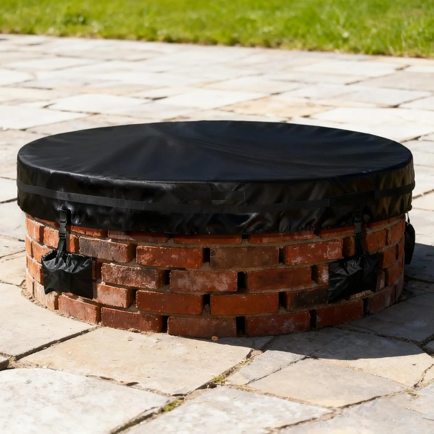 

Outdoor Round Built in Stone Fire Pit Cover, 66 Dia X 9.5 H Fit 64-68 Inch In-Ground Fire Pits, Heavy Duty 600D Waterproof Compa