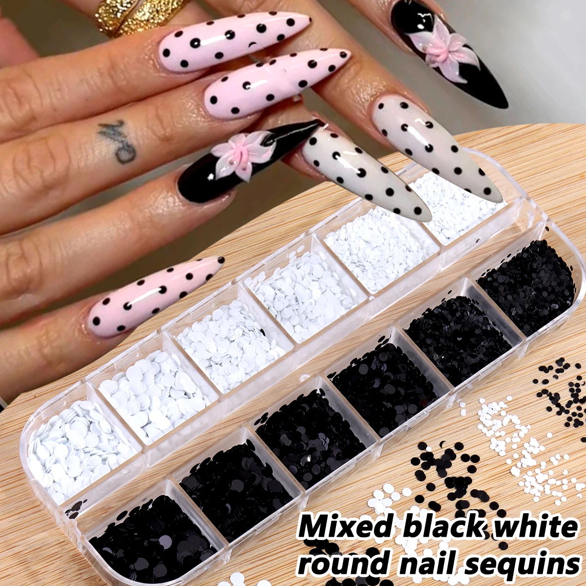 Schwarz-weiße Polka-Dot-Glitzer-Nagelkunst-Accessoires, Retro-Blumen-Patchwork-Glitzer-Nagelkunst, vielseitiger runder Punkt-Glitzer zum Selbermachen – Detail 10