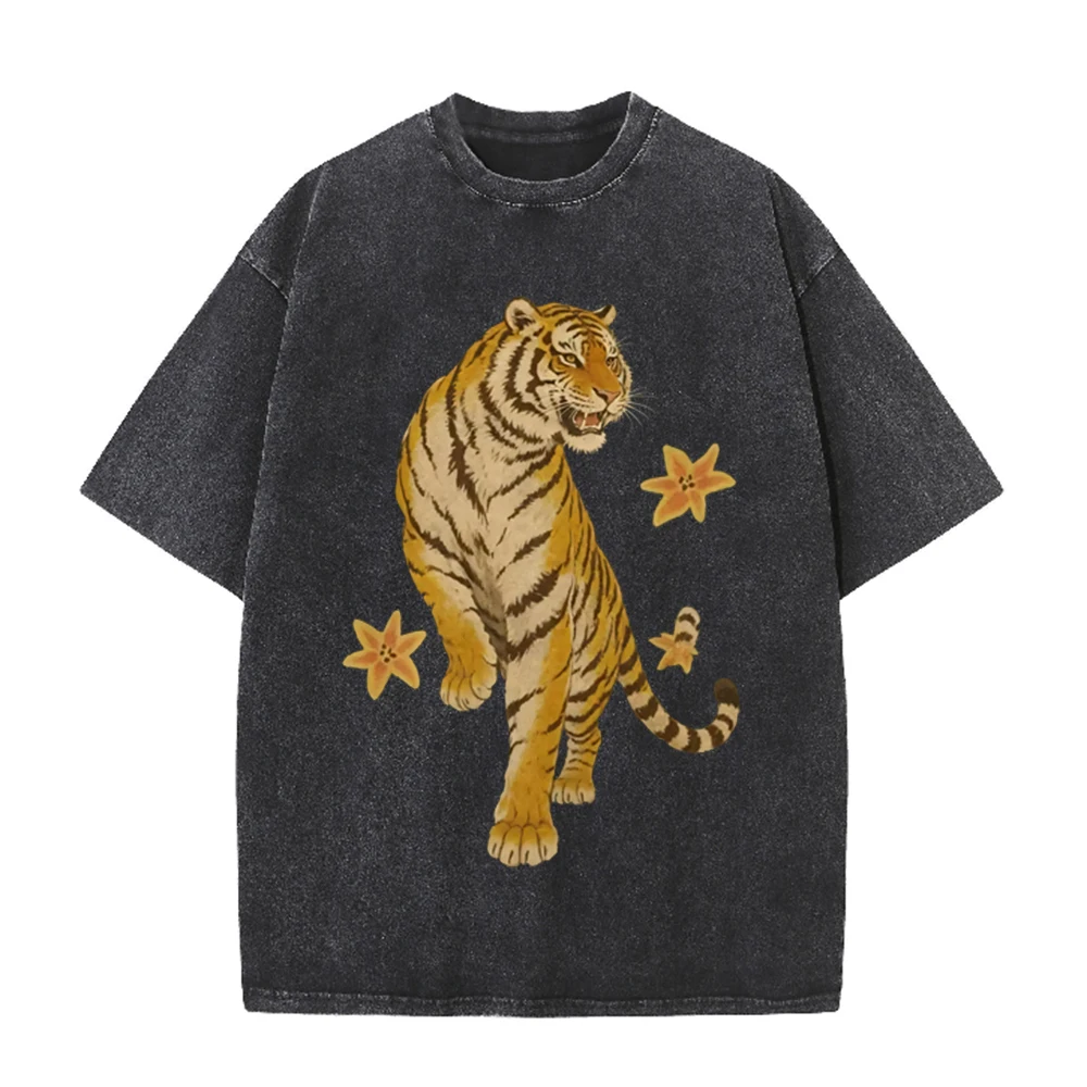 2026 Vintage Washed Black Retro Tiger Floral Graphic T Shirt Oriental Wild Animal Oversized Streetwear Casual Short Sleeve Tee