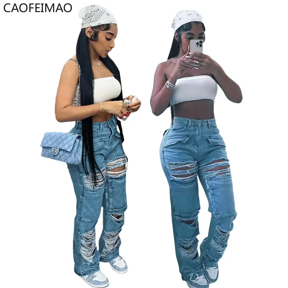 2025 Caofeimao Women High Waist Ripped Jeans Wide Leg Straight Leg Casual Comfy Fashion Baggy Elegant Female Denim