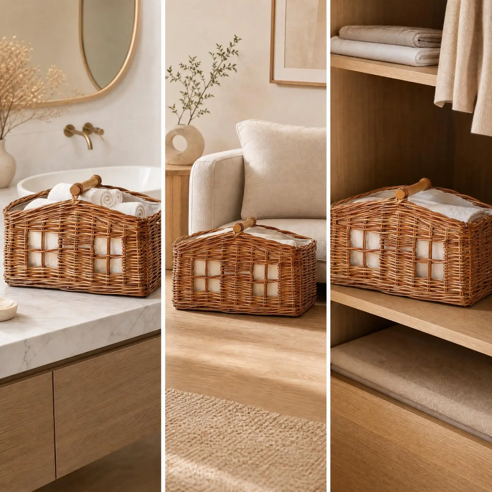 Rectangular Bamboo Laundry Basket Lined Woven Bamboo Basket with Cloth Lining for Restroom, Living Room, Quick Tidying