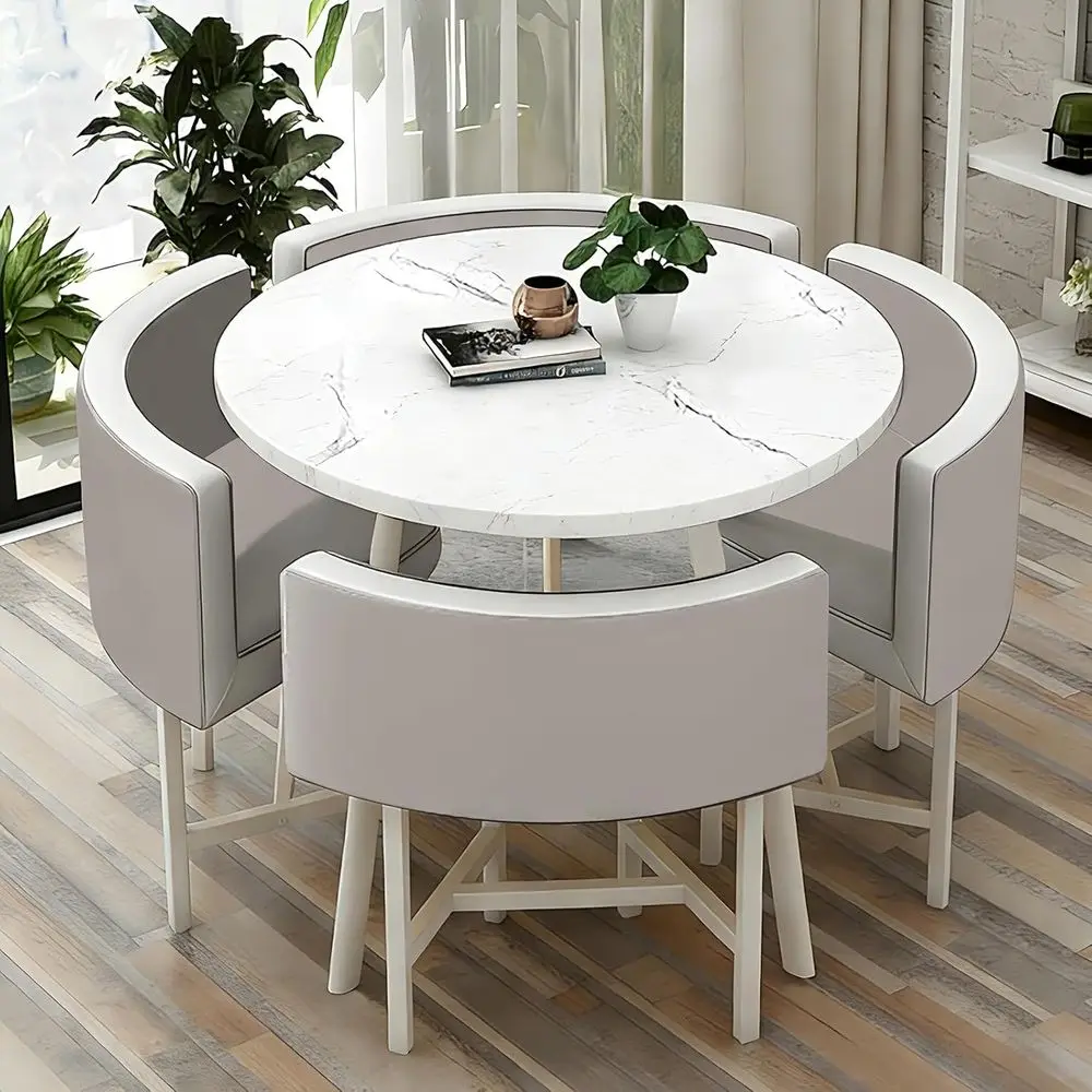 

Elegant Round Dining Set for 4 - Ideal for Kitchen, Office, Cafe, Balcony, Living Room - Durable Cotton Linen Chairs, Compact De