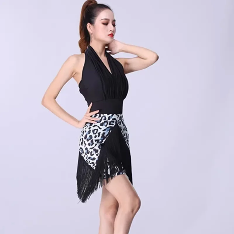 Trajes de baile latino para mujer, traje de baile con estampado de leopardo, mono, falda con flecos, falda de retazos irregular, vestido de faldas