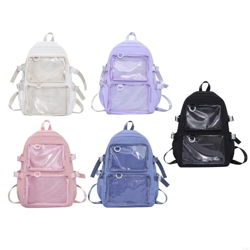 

63HC College Student Transparent Bag Clear Pockets Nylon Backpack Large Capacity Itabag Anime Pin Display School Bag for Teen