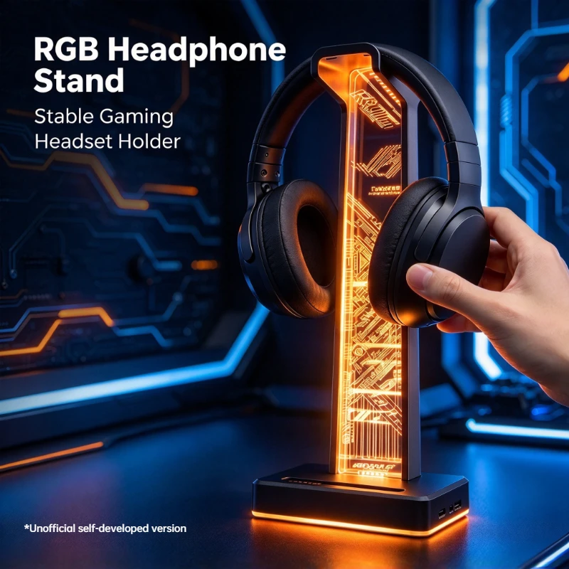 For RGB Gaming Headphone Stand with USB Hub Acrylic Glowing Headset Holder Desk RGB Light Headset Mount for Gaming Earphones