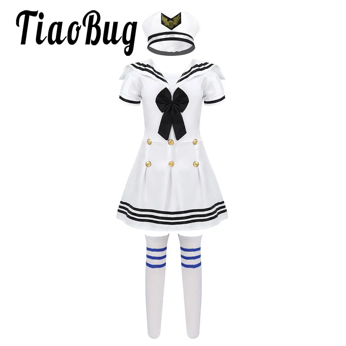 

Kids Girls Navy Sailor Uniform Outfit Cosplay Dancewear School Chorus Stage Performance Costumes Sailor Dress Hat And Socks Set