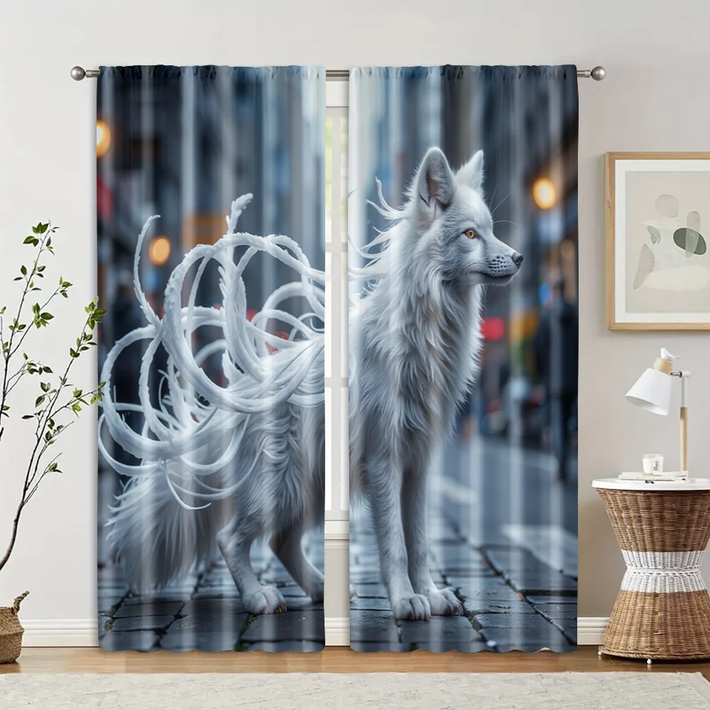 2pcs, Fashionable Curtains White Nine-Tailed Fox Polyester Woven (without rod) Decorations Outdoor for Bedroom, Living Room,