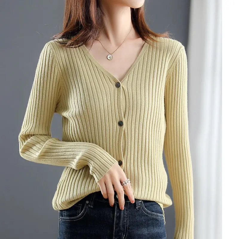 Autumn Winter Women\'s Clothing V-Neck Solid Color Button Long Sleeve Cardigan Sweater Knitted Coats Screw Thread All-match Tops