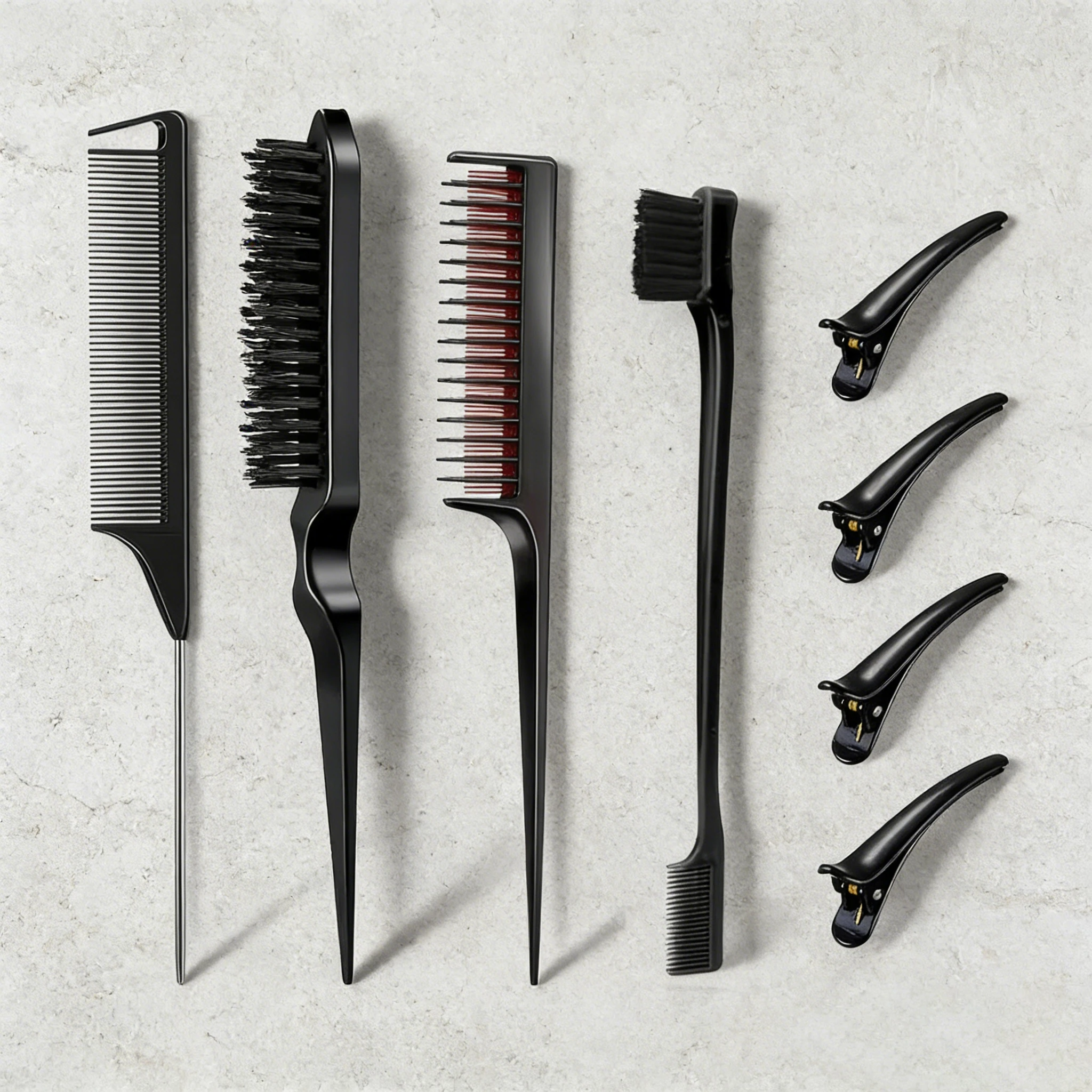 

Набор из 8 предметов для укладки волос: расческа с заостренным кончиком, нейлоновая щетка для волос, расческа для укладки края волос и 4 заколки-уточки, специально для париков из натуральных волос.